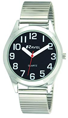 Ravel - Unisex-Uhr mit superflachem Sichthilfe-Edelstahl-Expanderarmband mit großen Zahlen und Zeigern