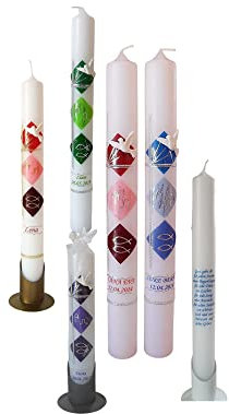Taufkerze/Kommunionkerze,Konfirmationskerze  mit Symbolen-grün,blau,rot,rosa. Name,Datum**Junge Mädchen