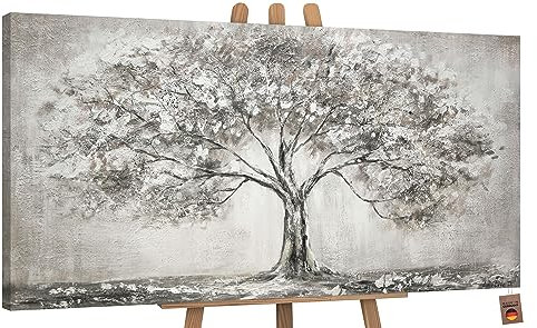 YS-Art Pintura hecha a mano El árbol de la vida Decoración de pared salon modern tonos grises Paisaje acogedor Arte moderno 120x60 cm