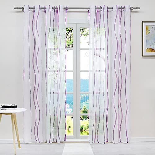 ESLIR Gardinen mit Ösen Vorhänge Gardinenschals Voile Deko Violett 140x145 | Transparent, Fensterschal, 1 Stück, Schlaufenschal, Fenstergardinen, Wohnzimmer Schals, Fenster innen, Wellen Muster