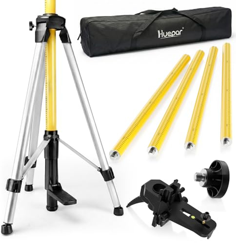 Huepar 12 Ft./3.7m Telescoping Pole with 1/4-Inch by 20-Inch Laser Mount for Rotary and Line Laser Level, Adjustable Telescoping Pole with Tripod - 5/8-11 Adapter Nut Included LP36