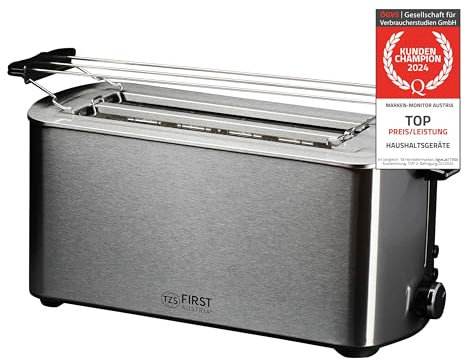TZS First Austria Grille-Pain 2 Fentes Long 1400W, Toaster pour 4 Tranches de Pain, Fonction Réchauffer et Décongeler à 7 Niveaux, Chauffe-Viennoiserie, Ramasse-Miettes, en Métal