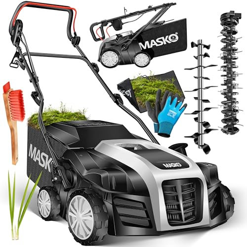 MASKO® Elektro 2in1 Vertikutierer Rasenlüfter 1800W 40cm Arbeitsbreite 55L Fangkorb mit Lüfterwalze Lüfter Moosentferner, Bürste & Handschuhe 5-stufige Arbeitstiefe einstellbar höhenverstellbarer Holm