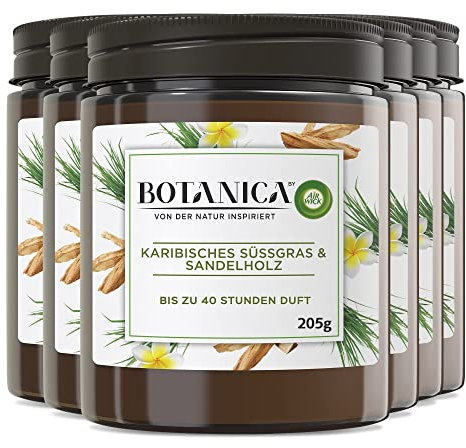 Botanica by Air Wick 6x Duftkerze im Glas - Bis zu 40 Stunden pro Kerze - Duft: Süßgras und Sandelholz - Nachhaltig hergestellt mit natürlichen Inhaltsstoffen - 6x205g Kerze im Glas