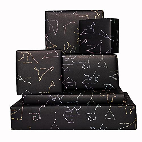 Central 23 – Schwarzes Geschenkpapier für Geburtstag – 6 Blatt – Sternbilder – Sternzeichen – Magie – Geschenkpapier für Mädchen, Jungen
