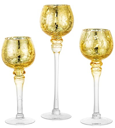 Inweder Glas Kerzenständer für Schwimmkerzen: 3 Stück Gold Teelichthalter | 25/30/30.5cm Hoch, Quecksilber-Crackle-Finish, für Teelicht/Stumpenkerzen, Hochzeiten, Tischdeko, Weihnachten, Wohnzimmer