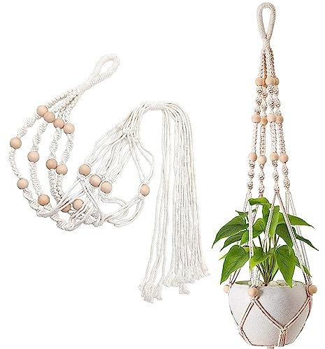 Lot de 2 suspensions pour plantes en macramé, 100 cm avec perles et pompons pour plantes d'intérieur ou d'extérieur