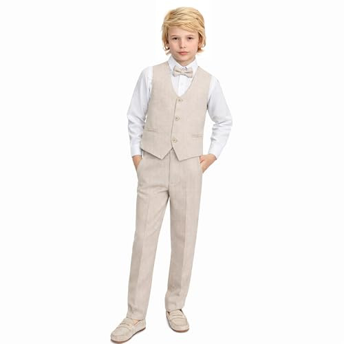 Lilax Boys Formal Suit 4 Piece Vest, Pants and Tie Dresswear Suit Set (5T, Beige)