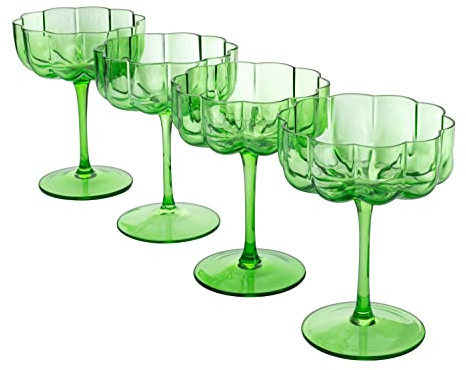 The Wine Savant Flower Vintage Glass Coupes 7oz Colorful Cocktail, Martini & Champagne Glasses, Prosecco, Mimosa Glasses Set, Cocktail Bar Glassware Luster (Green)