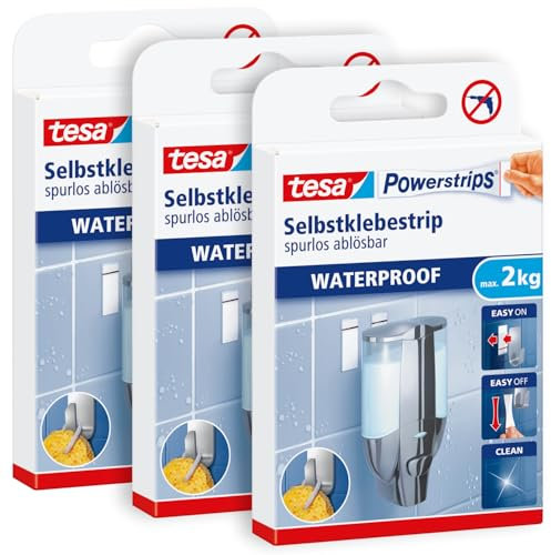 tesa Powerstrips Waterproof Strips LARGE im 3er Pack- wasserfeste, doppelseitige Klebestreifen für Küche Bad, bis zu 2 kg Haltekraft - 3 x 6 Streifen