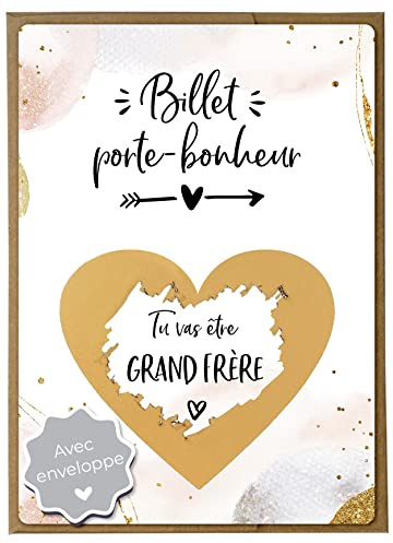 Joli Coon Rubbelkarte Tu vas etre grand frere, Schwangerschaft verkünden | 350g Designerpapier, fühlbare UV-Lack-Veredelung, naturfarbenes Steckkuvert mit goldenem Herz, zur Schwangerschaftsverkündung