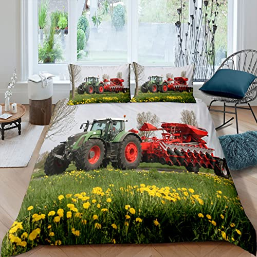 XPINGO Biancheria da letto per bambini, trattore, 135 x 200 cm, 2 pezzi, 100% microfibra, estiva, morbida, invernale, calda, con chiusura lampo, trattore, copripiumino con federe da 80 x 80 cm