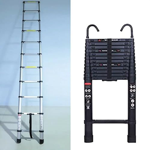 5m Scala Allungabile, Scaletta Telescopica Alluminio con 2 Ganci, Scala Portatile e Leggera, Forte e Stabile, Multiuso, Portata 150 kg, Norma EN131, Nero