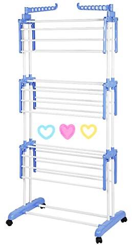 Stendino Verticale XXL salvaspazio su 3 Livelli e con 2 Ali Laterali richiudibile - stendibiancheria asciugabiancheria per Interno della casa o Esterno,75*64*170 cm (blu e bianco)