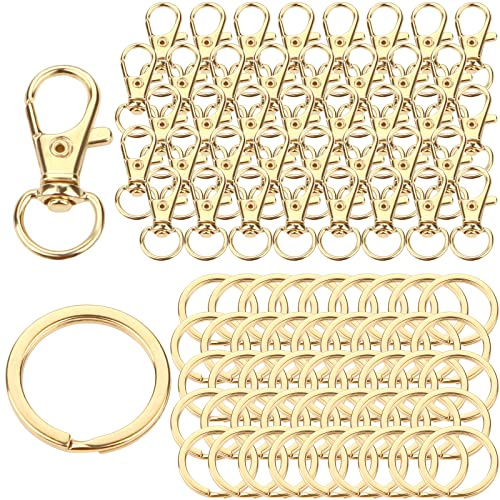 Schlüsselring Klein 80 Stück Karabiner Schlüsselanhänger Basteln Selber Machen Ringe Karabinerhaken mit Drehgelenk(Golden)