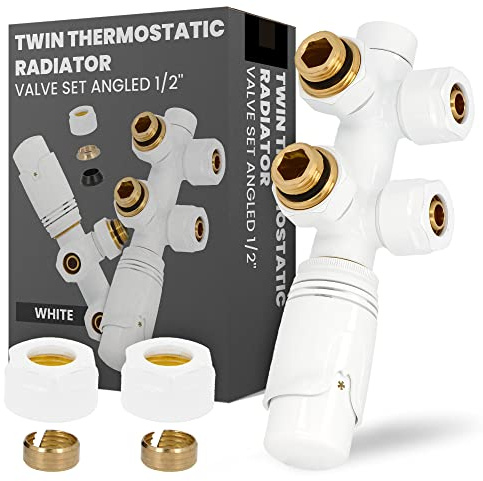 Multiblock Set Heizkörper Thermostat-Heizkörperventil-Set Eckform 1/2'' Weiß Anschlussarmatur Thermotstat Hahnblock Ventil Heizungszubehör Zweirohrsystem Zentralheizung Thermostatregler Badheizkörper