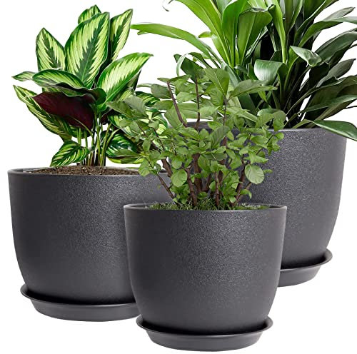 MUAEEOK Plant Pots 25/23/20 cm, Set of 3 Modern Decorative Plastic Planters with Drainage Holes and Saucers Plastic Flower Pots Nursery Planting Pot for House Plants Indoor Flowers Plants (Black)