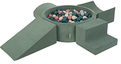 KiddyMoon Spielplatz Velvet Aus Schaumstoff Mit Samt Rund Bällebad (300 Bälle) + Version 5 Ballgruben Für Babys Spielbad, Hergestellt In EU, Waldgrün: Dunkeltürkis/Pastellbeige/Grüngrau/Lachsfarben