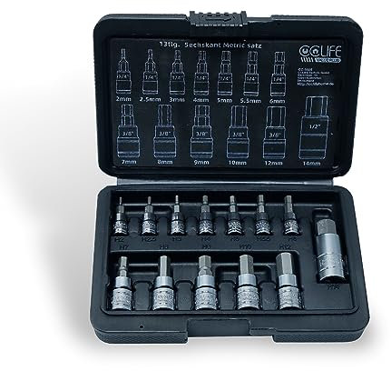 CCLIFE Jeu de hex douilles à embouts,13 Douilles à 6 pans,métriques taille de 2mm - 14mm 1/4 3/8 1/2
