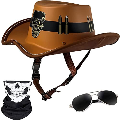 Halbschalenhelm mit ECE, Mode Sommer Western-Cowboyhut Schädelkappe Halbschalenhelm, Jethelm Retro, Chopper Helm, Offenem Helm, mit Herausnehmbares Atmungsaktives Futter