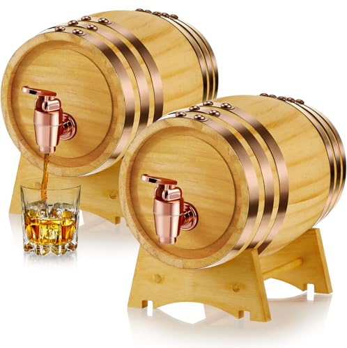 Geetery 2 Pack 2 Liter Wood Barrel with Stand Wooden Whiskey Barrel Vintage Beer Tequila Rum Whiskey Dispenser Wine Making Barrels for Home Table Display Decoration Entertaining (2 Liters)