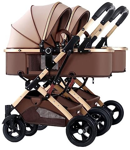 LEIYTFE Twins-Cozy Compact Zwillingskinderwagen Doppelsitz-Tandem-Kinderwagen,Can Sit Lie Abnehmbarer Kinderwagen Für Kleinkinder,Multi-Position Reclining Sitze Zwillinge Kinderwagen (Color : Bruin)