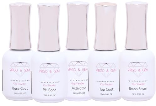 Virgo & Gem - 15ml Dip Powder Base Coat, Top Coat, Activator, Brush Saver and PH bond (5 DIP LIQUIDS SET)