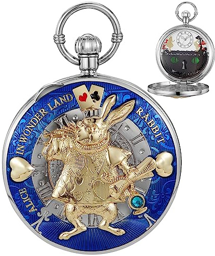 Tiong Orologio da taschino Alice nel paese delle meraviglie con carillon a manovella, con catena, regalo di compleanno e laurea, 45-blu, Classico