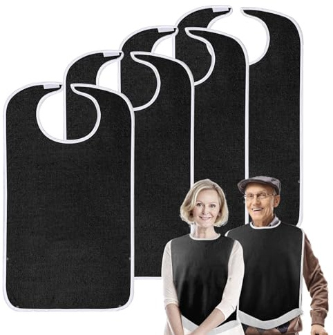 Pozico Lot de 4 bavoirs imperméables pour adultes âgés - Pour homme et femme - Grande protection de vêtements pour manger - Fermeture Velcro confortable et réglable avec attrape-miettes - Lavable et