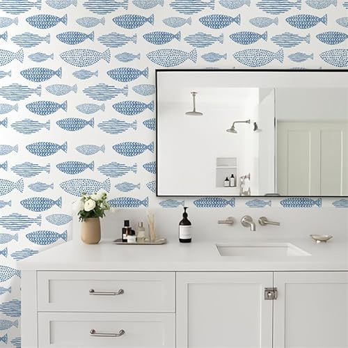 Selbstklebende Tapete Blauer Fisch Tapete Klebfolie Für Küche Schlafzimmer,Wasserfest Selbstklebend, Wandverkleidung Vinyl Diy Abnehmbar Tapeten,Statische 38X250CM