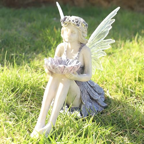 Tuzsocr Solarfee Gartenstatue – Sitzende Elfenfigur mit LED-Leuchte, Harzblumenfee-Deko für Draußen, Wetterfest, Magische Fee-Skulptur für Rasen, Hof, Terrasse oder Fensterbank