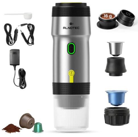 ALNOTEC Machine à Café Portable Expresso 20 Bars Rechargeable, Auto Chauffante, Compatible Capsules NES®, DG® et Café Moulu, Chargeur USB, Voiture et 220V (SILVER)