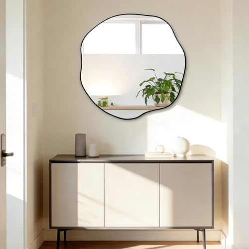 POZINO Irregular Wall Mirror, 25 Asymmetrical Frameless Mirrors, Scalloped Rounded Mirror, Organic Shaped Mirrors for Living Room Bedroom Entryway Fireplace, Horizontal or Vertical Hanging