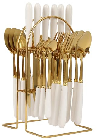 24 Pieces Flatware Set Stainless Steel Knife Fork Spoon Set Modern Cutlery Set with Stand Suitable for Various Places Such as Home Restaurant Hotel Party and so on (Gold+White)