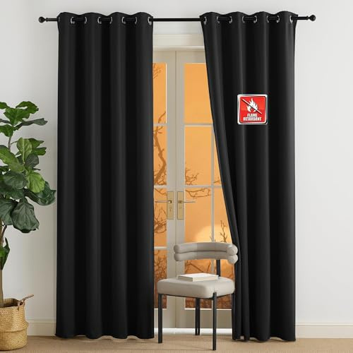 NICETOWN Fire Retardant Black Blackout Curtains 84 inch Length 2 Panels Set, 52 x 84 Safe Drapes for Home, Apartment, Office Conference Room, Light Blocking Privacy Window Treatments for Living Room