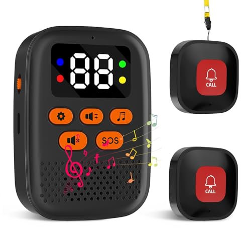 Cuteefun Pulsante Chiamata Emergenza Senza Fili, Pulsante Emergenza Anziani Ricaricabile, Allarme Panico Portatile con Vibrazione per Pazienti Anziani, 16 Melodie, 1 Ricevitore 2 Trasmettitori