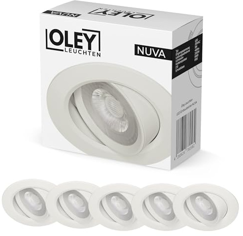 Oley Leuchten® LED Einbaustrahler 230V Spot flach NUVA Strahler innen, deckenspot, led spots 230v, 5 Watt, warmweiß, Einbau Ø 68 mm, VPE 5 Stück