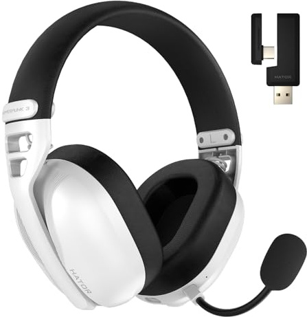 HATOR Hyperpunk 3 Wireless Gaming-Headset – Kabellos, Hi-Res Audio, Hybrid ANC, 40mm Treiber, Bluetooth & 2.4GHz, 45h Akku, abnehmbares Mikrofon, USB-C – für PC, PS5, Weiß