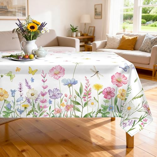 Arquiel Polyester Tischdecke mit Wildblumen, Waschbar, 152 x 213 cm | Wiederverwendbare, Waschbare Polyester Tischdecke mit Aquarell Floralemuster für Küche, Esszimmer und Festliche Tischdeko