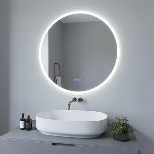 AQUABATOS Miroir de salle de bain avec éclairage LED rond 80 cm - Miroir lumineux - Intensité variable - Tactile - Pour interrupteur mural - Blanc froid - 6 400 K - Blanc chaud - 3000 K - Chauffage de