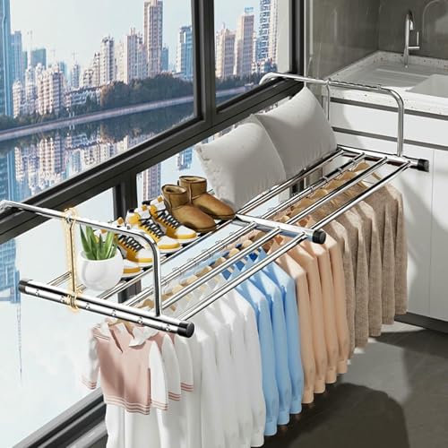 Tendedero de radiador, Extensible, de Acero Inoxidable, con Brazos Ajustables y Plegable (Plateado, 87 x 160 cm)