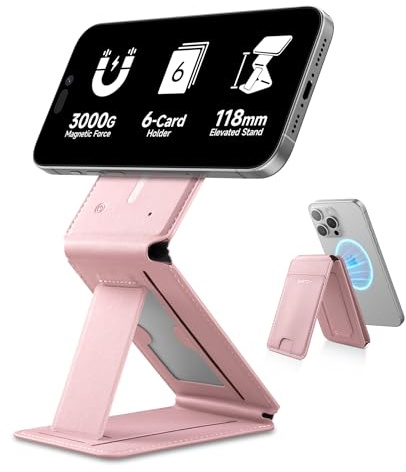 SURITCH Phone Tripod Wallet with Find My Functionality, Magnetic & NFC Supported Card Holder with RFID Blocking,Wallet with Adjustable Stand Selfie Stick for iPhone 17/16/15/14/13/12 Series,Pink