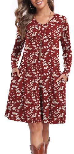 lionstill Lässiges T-Shirt-Kleid für Damen, Herbst, langärmelig, Swing-Kleid mit Taschen, Rote Pflaumenblüte, Klein