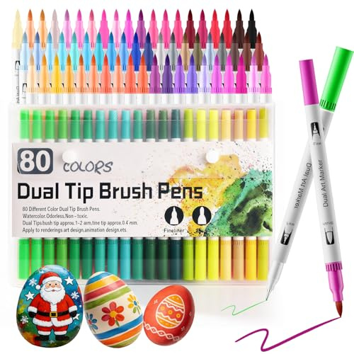 DEWEL 80 Farben Acrylstifte Set, Wasserbasierter Marker, abwaschbar, mit feiner Spitze und Pinsel, Aquarell Stifte für Zum Ausmalen, Zeichnen und DIY-Bastelprojekte | Marker mit doppelter Spitze auf Wasserbasis (80 Farben) für Mandalas, Kalligraphie und Buchausmalung