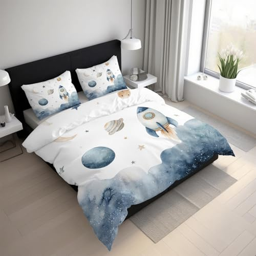 Generisch Cartoon Rakete Bettwäsche 155x200cm, Planet Weltraum Kinder Bettwäsche-Sets 2 Teilig, Bettbezug + 1 Kissenbezüge 80x80cm Weich Mikrofaser mit Reißverschluss 21D&-52