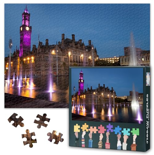 Bradford Night Skyline Jigsaw Puzzle 1000 Pieces for Adults West Yorkshire Cityscape Puzzle UK Downtown Landscape Modern Urban Wall Art Home Decor 27.5x19.7 Inch