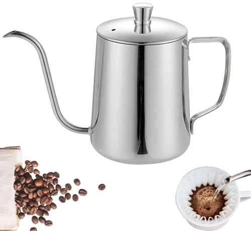 Bouilloire Col de Cygne, 350ml Kit Pour Over Bouilloire a Café en Acier Inoxydable avec Couvercle et Long Bec Verseur, Gooseneck Cafetiere Café Pour Over Coffee Maker Kettle