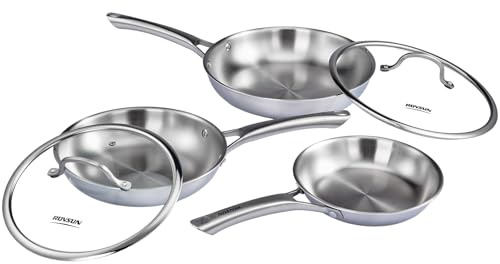 Bonnlo 5Pcs Stainless Steel Frying Pan Set, Induction Hob Pot Set Non Toxic, Cookware Set with Lid, Riveted Handle, Free PFOA and PTFE, Dishwash Safe - 20cm 25cm 28cm