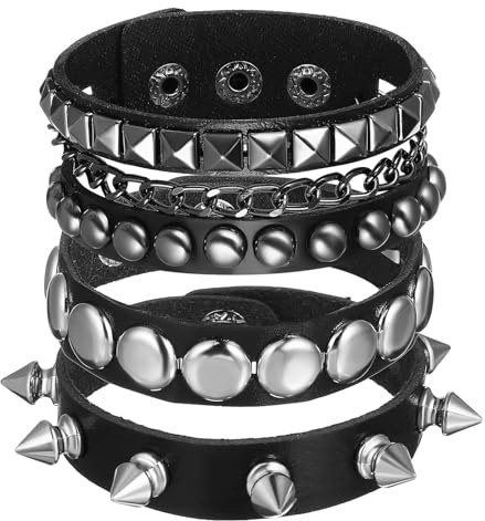 ORFOFE Bracelet en Noir Clouté Large en Cuir Synthétique Punk Set Unique Confortable et Polyvalent pour Hommes et Femmes pour Cosplay et Performances