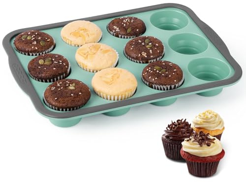 Alaoo Stampo per Muffin in Silicone, 31x22.2x3cm, Standard Teglia Muffin, 12 Stampi Muffin, Antiaderente, Adatto per Muffin, Cupcake, Brownies e Budini(Blu-Verde)